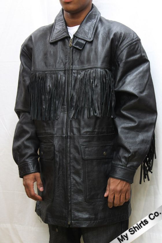 Images Black Leather Jacket with Tassels Mens XL  