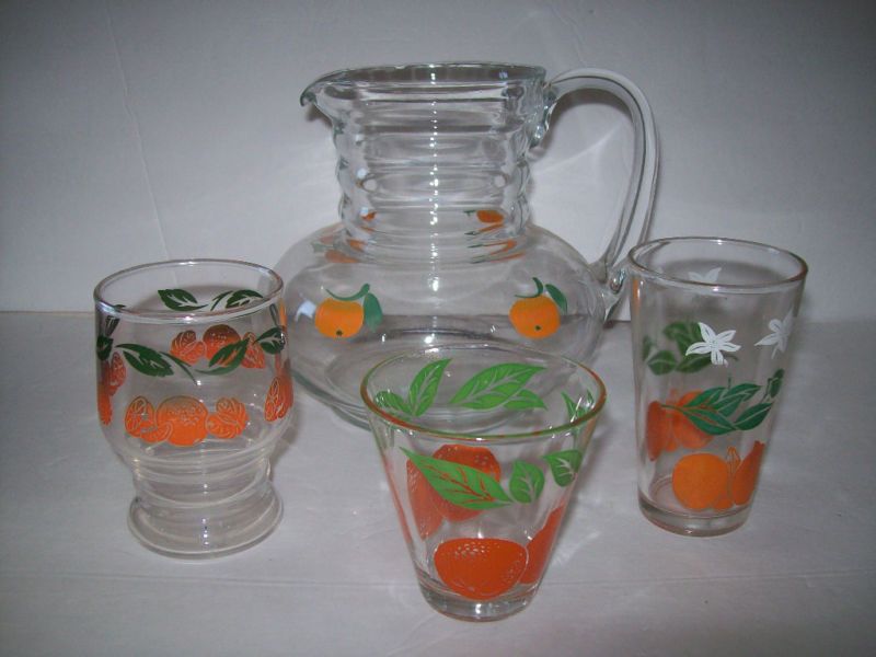 Vintage Hocking Orange Juice Pitcher Lot 4 Mixed Glass  