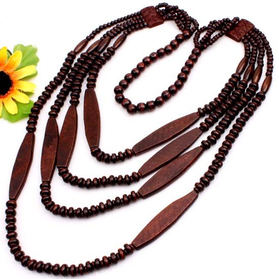Handmade Brown Wooden Mixed Beads Necklace 4 row 28L~  