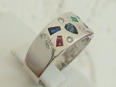  White Gold Sapphire Ruby Emerald and Diamond Gemstone Ring, New  
