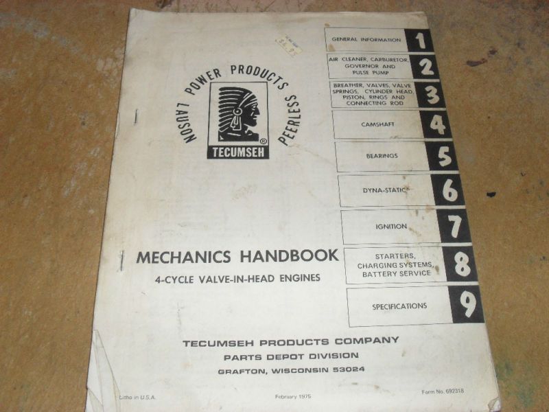 Lauson Tecumseh Handbook 4 Cycle Valve in Head 1975 BIG  