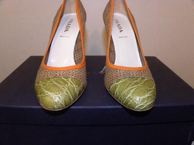 PRADA $1352 Tan Orange Straw Crocodile Heels Shoes 36/6  