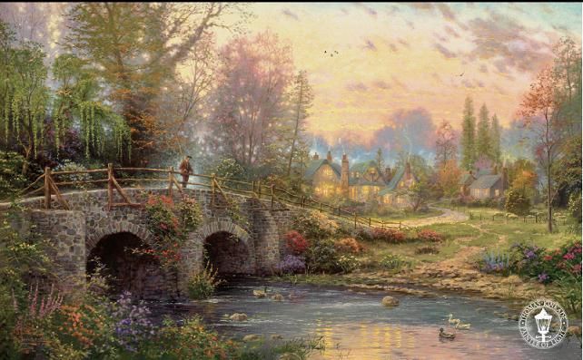 Thomas Kinkade PROMO Postcard CObblestone Evening Fish  