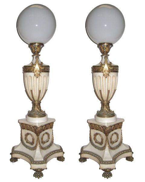 Pair Antique Neoclassical Marble Bronze Floor Lamps  