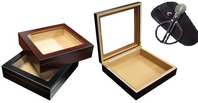 20 count CIGAR Cherry GLASSTOP HUMIDOR w Scissor Cutter  