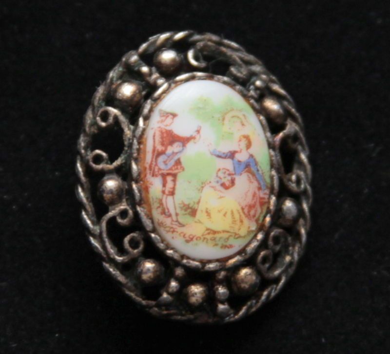 Vintage Fragonard Porcelain Pin Brooch Silver Tone Base  