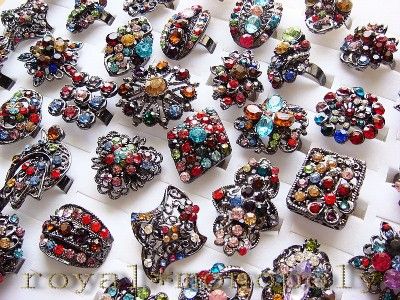 wholesale of 24pieces CuMulti colored Rhinestone rings  