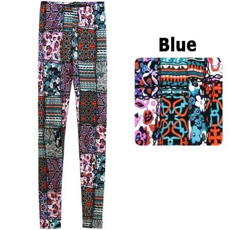 Colorful Leggings Flower Geometric Pattern Vintage Retro Blue Green 