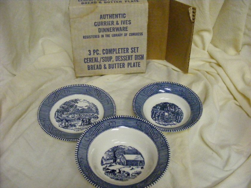 Currier & Ives 3 Piece Set Original Box Cereal Soup Dessert Bowls 