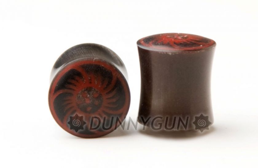 2G RED & BLACK FLOWER BLACK HORN PLUGS 2 gauge bone ear  