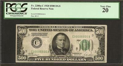 1928 $500 Five Hundred Dollar Bill Note Serial Number C00006666A PCGS 