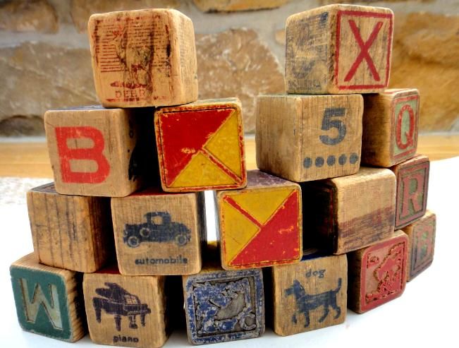 LOT antique WOODEN TOY BLOCKS alphabet 17 PC pictures★  