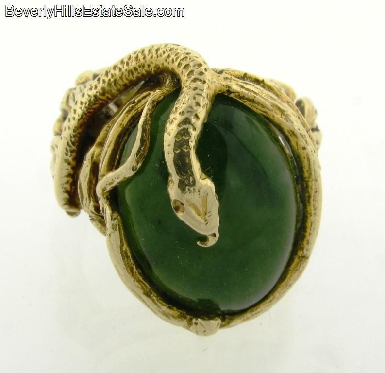 Antique Art Nouveau 14k Gold Yellow Jade Snake Ring  