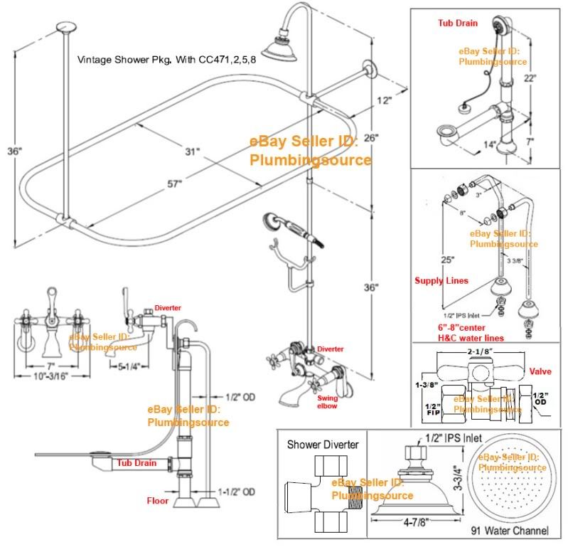 Adj.Tub Mount ClawFoot Faucet w/Shower Riser Enclosure  