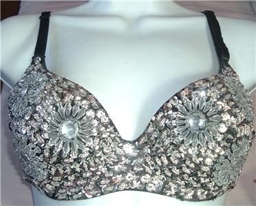 SILVER RHINESTONE SEQUIN BRA 34 LATIN DANCE DANCEWEAR  