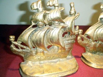 VINTAGE BRONZE BOOKENDS   GALLEON SHIPS SAILBOAT  