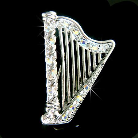 Crystal Irish Bridal Wedding ~CELTIC HARP~ music Brooch  