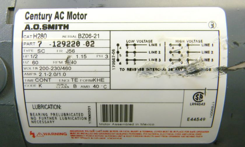 CENTURY A.O. SMITH ELECTRIC MOTOR 1140 RPM 200 230/460 VOLT 1/2 HP NEW 