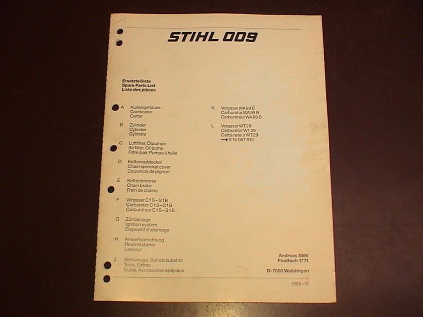 STIHL Chainsaw Spare Parts Diagram List Manual Book Chain Saw 009 OO9 