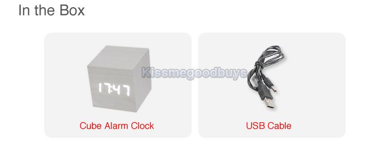   Wooden Cube White LED Digital Alarm Clock with USB Cable /B1  