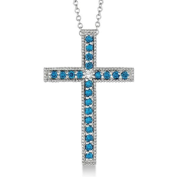   Blue & White Diamond Cross Pendant Necklace 14k White Gold Womens