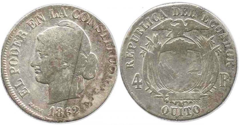 Quito, Ecuador, 4 reales, 1862. KM 41. 12.6 grams. Fine+ with a few 