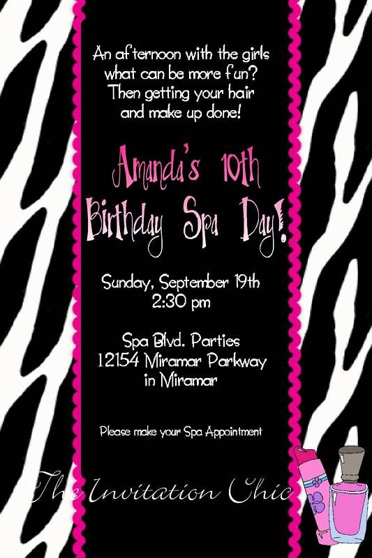 Girls Spa Day/Makeover Party Invitations~Zebra Print  