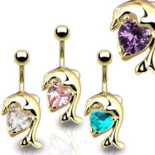 lot GOLD DOLPHIN w/GEM BELLY NAVEL RING Body Piercing  