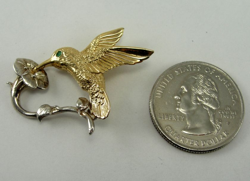 Sterling 14K Pin Brooch Yellow Gold Hummingbird Silver Trumpet Flower 