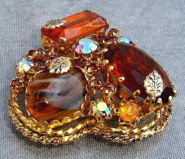 Vintage KRAMER Citrine Glass & AB Rhinestone Heart Shaped Brooch Made 