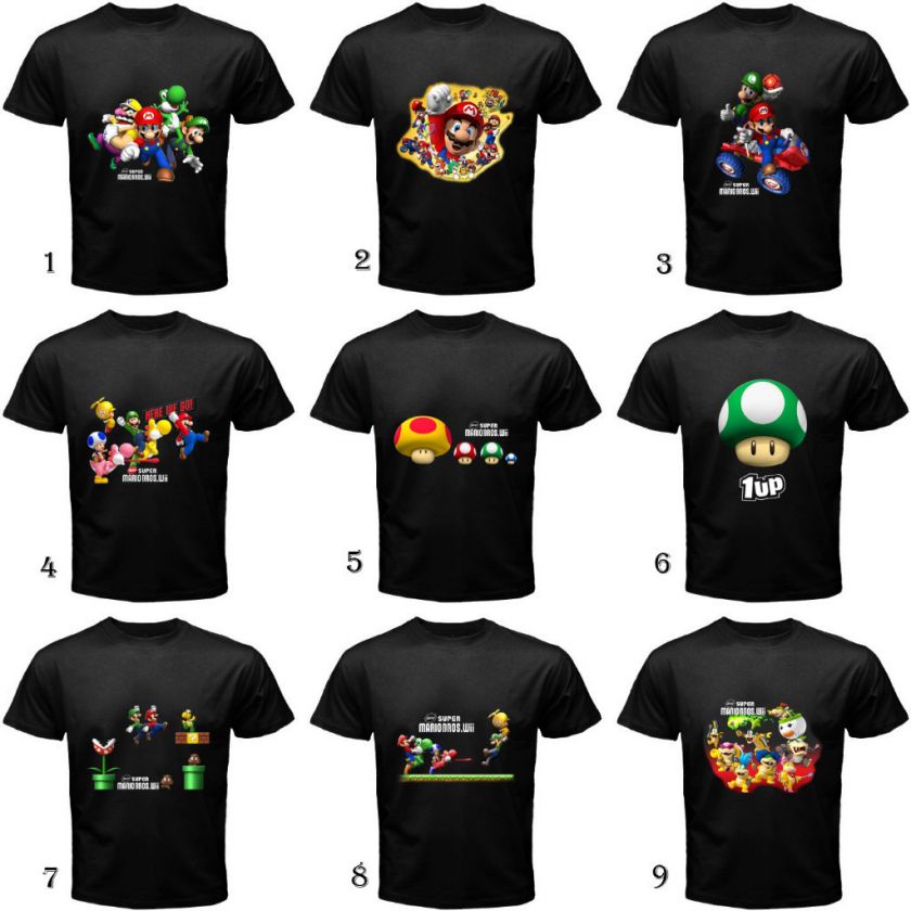 NEW SUPER MARIO BROS WII BLACK T SHIRT #1 (9 DESIGN)  