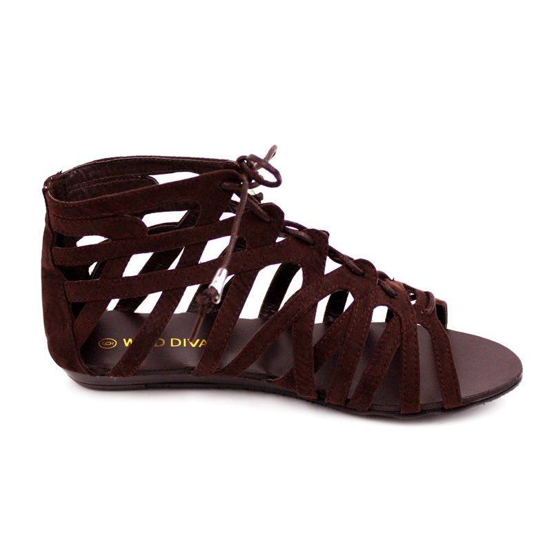 WILD DIVA MYRAH 31 FLAT LACE UP CAGE SANDALS Brown V. Suede