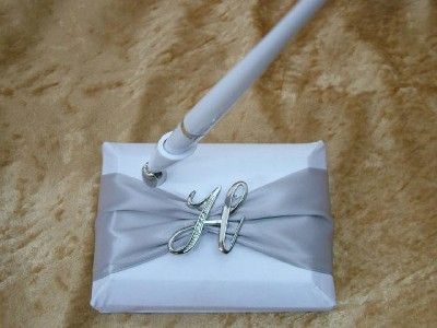 Custom White Monogramed Accented Wedding Pen & Holder  