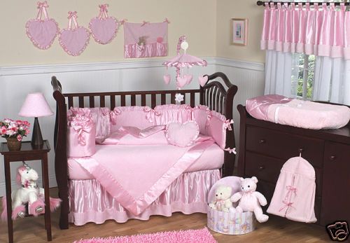 NEW CHENILLE+SATIN PINK 9pc CRIB BEDDING SET BEAUTIFUL  