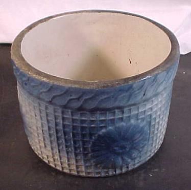 Vintage Salt Glaze Blue & White Pottery Crock Flowers  