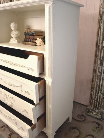   Cottage Chic White Dresser Highboy 4 Drawer Shelf French Vintage Style