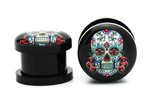 NEW BLACK ACRYLIC DAY OF THE DEAD EAR GAUGES PLUGS SCREW ON DIA DE LOS 