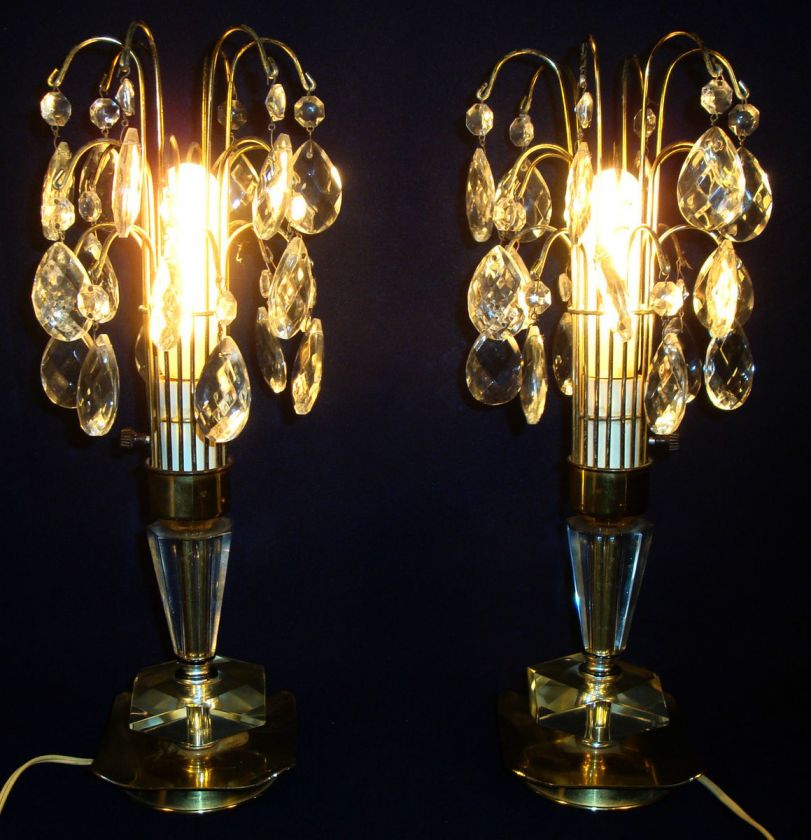 PAIR OF MATCHING ART DECO BOUDOIR LUSTRE LAMPS w/ BOHEMIAN CRYSTAL 