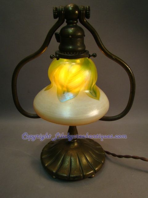 Tiffany Studios Desk Harp Table Lamp with Decorated Shade  