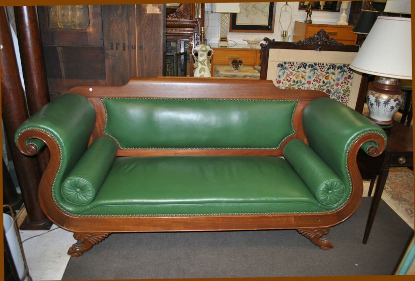 Empire Rolled Arm Mahogany Sofa with Green Leather Upholstery  