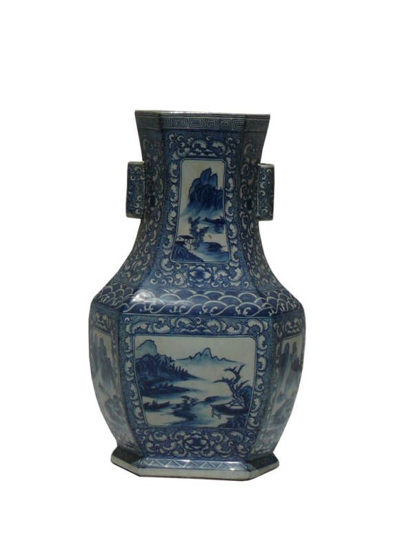 Vintage Blue and White Chinese Hexagon Shape Vase w458  