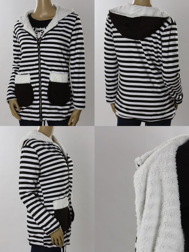 STRIPED ZIP HOODED JACKET COAT BLACK&WHITE SZ S  